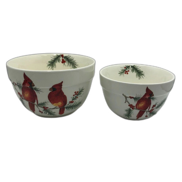 Maxcera Set of 2 Christmas Ceramic Bowls Cardinals Bird Christmas Holly Décor - Picture 1 of 13
